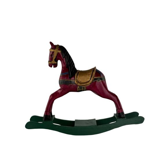 Vintage Hand Carved Wooden Rocking Horse Folk Art Red Gold Green Decor - Picture 7 of 12
